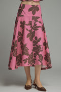 ENTRO Floral Midi Skirt In Pink Brown