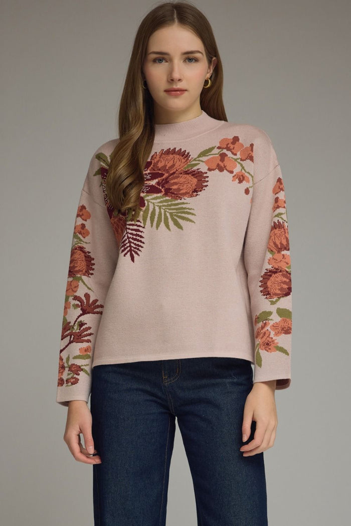 Entro Floral Motif Long Sleeve Knit Top In Dusty Blush