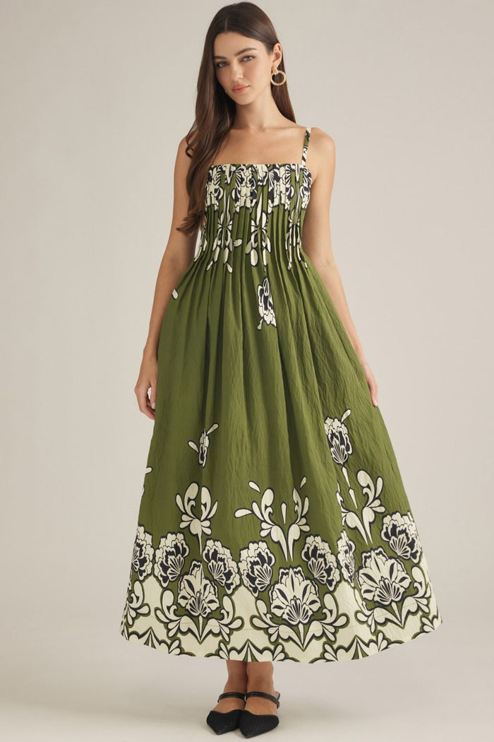 ENTRO Floral Print Maxi Dress In Olive