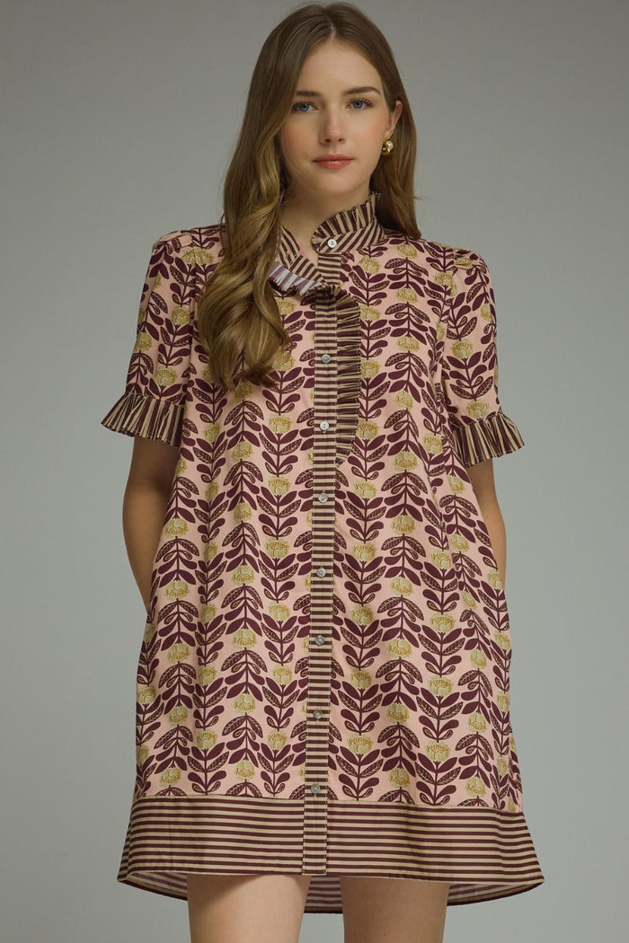 ENTRO Floral Print Mini Dress With Contrast Trim In Blush