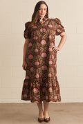 ENTRO Floral Print Puff Sleeve Midi Dress In Brown PLUS Sizes