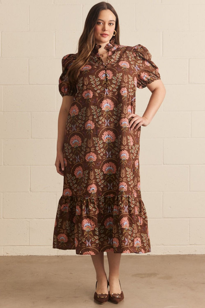 ENTRO Floral Print Puff Sleeve Midi Dress In Brown PLUS Sizes