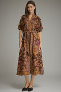 ENTRO Floral Print Puff Sleeve Midi Dress With Border Print In Terra Cotta