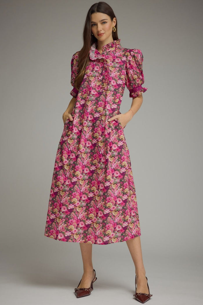 ENTRO Floral Puff Sleeve Mini Dress In Magenta