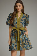 Entro Floral Puff Sleeve Mini Dress With V Neck In Olive