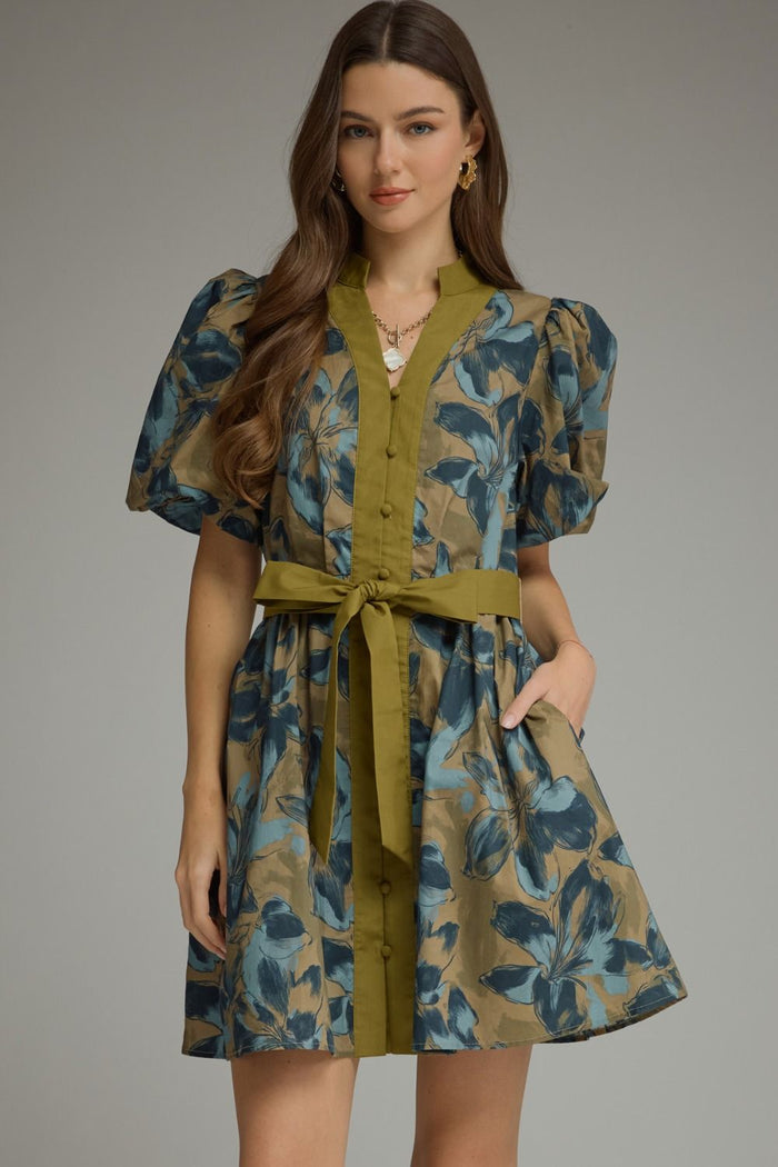 Entro Floral Puff Sleeve Mini Dress With V Neck In Olive