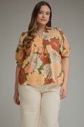 ENTRO Floral Puff Sleeve Top With V Neck In Olive PLUS Sizes