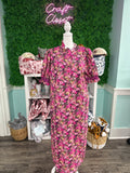 ENTRO Floral Short Puff Sleeve Midi Dress In Magenta PLUS Sizes