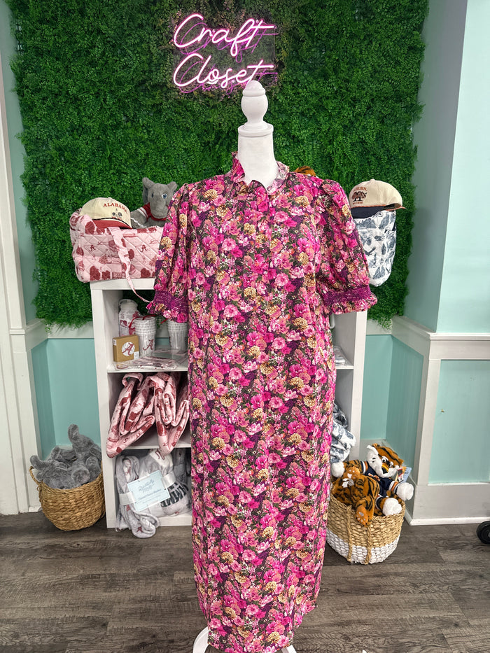 ENTRO Floral Short Puff Sleeve Midi Dress In Magenta PLUS Sizes