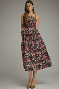 ENTRO Floral Sleeveless Midi Dress With Smocked Bodice In Black