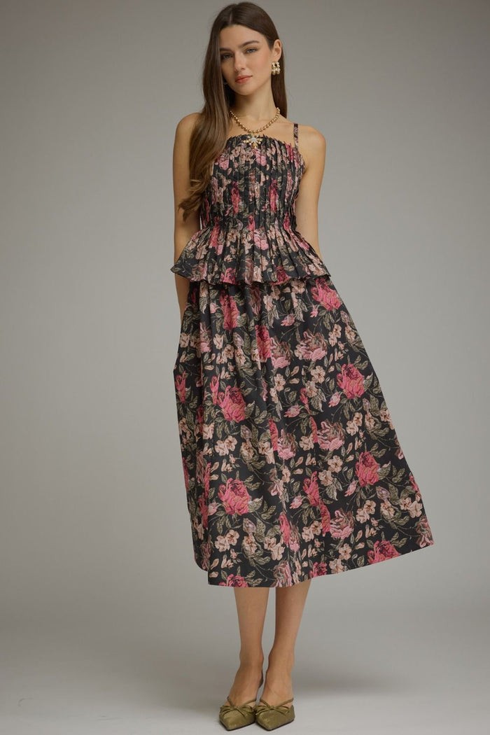 ENTRO Floral Sleeveless Midi Dress With Smocked Bodice In Black