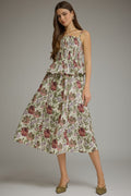 ENTRO Floral Sleeveless Midi Dress With Smocked Bodice In Ecru