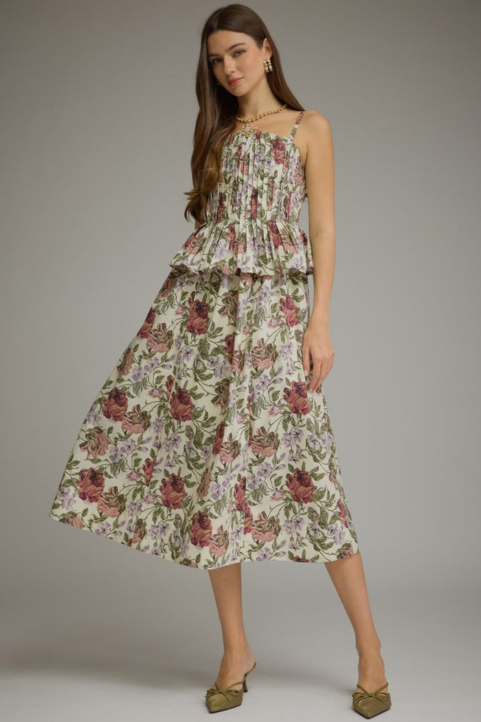 ENTRO Floral Sleeveless Midi Dress With Smocked Bodice In Ecru