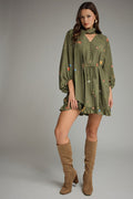 ENTRO Floral V Neck Long Sleeve Mini Dress With Scarf Tie In Olive