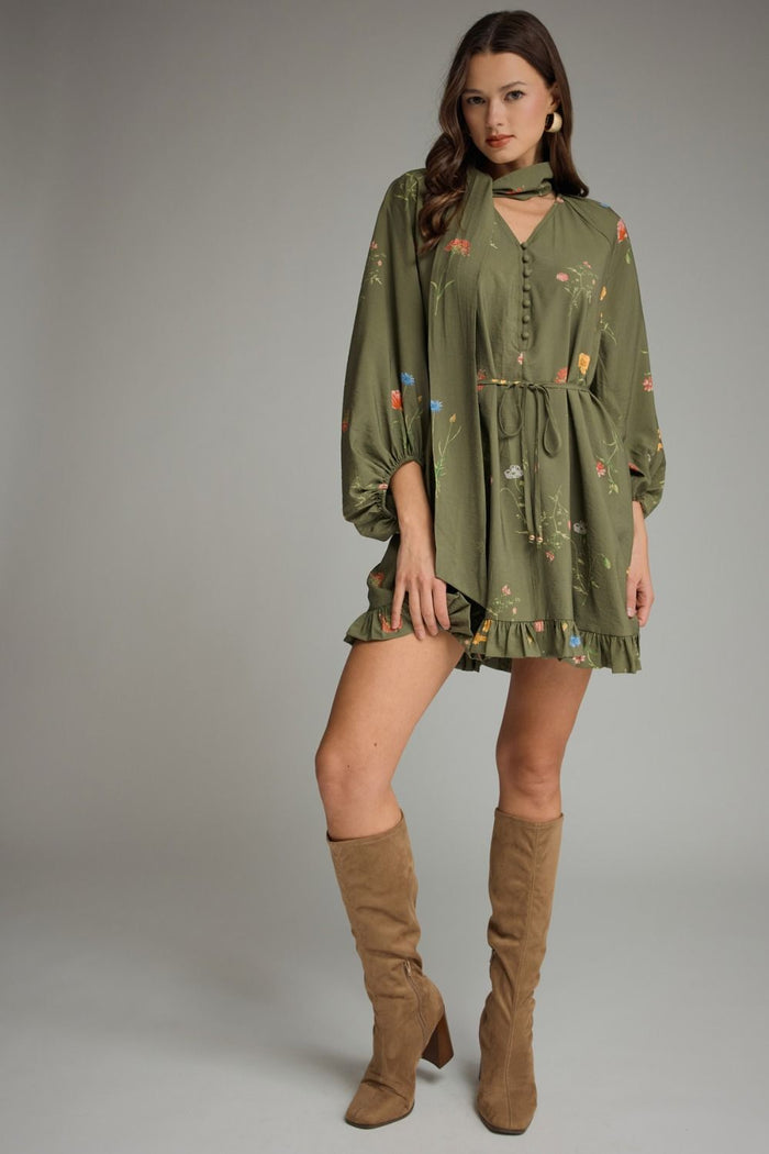 ENTRO Floral V Neck Long Sleeve Mini Dress With Scarf Tie In Olive