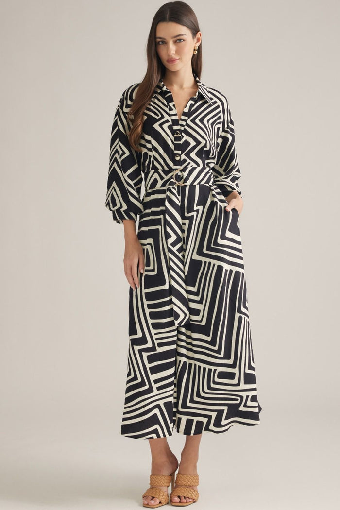 ENTRO Geometric Balloon Sleeve Midi Dress In Black
