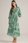 ENTRO Geometric Balloon Sleeve Midi Dress In Hunter Green
