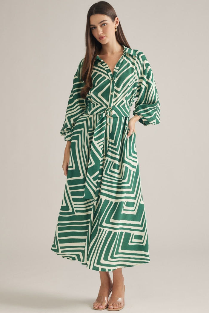 ENTRO Geometric Balloon Sleeve Midi Dress In Hunter Green