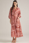 ENTRO Geometric Balloon Sleeve Midi Dress In Pink Brown