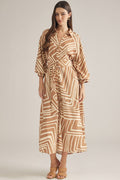ENTRO Geometric Balloon Sleeve Midi Dress In Tan