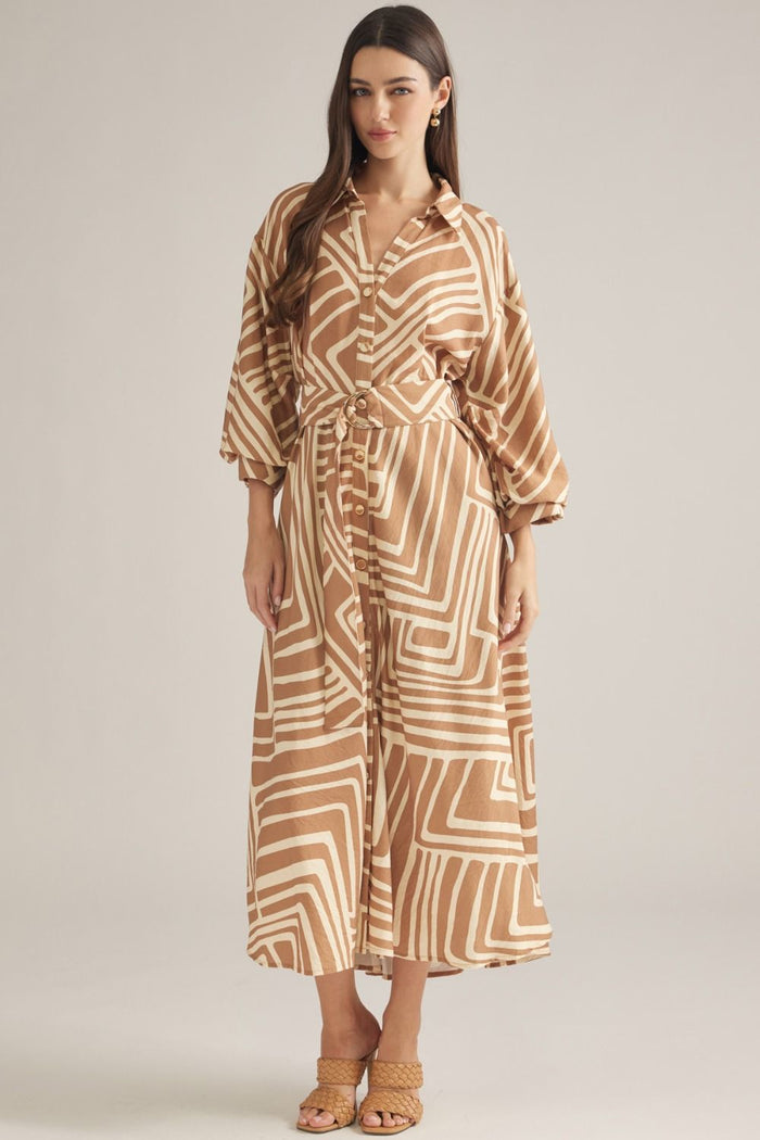 ENTRO Geometric Balloon Sleeve Midi Dress In Tan