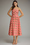 ENTRO Geometric Sleeveless Midi Dress In Coral