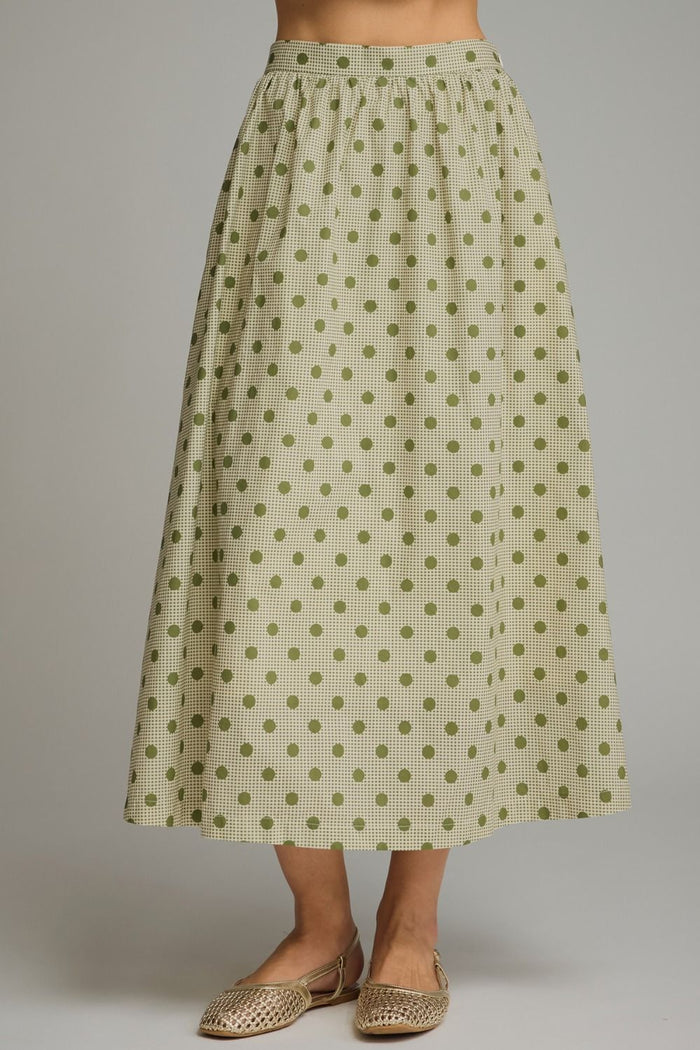 ENTRO Gingham Polka Dot Midi Skirt In Olive