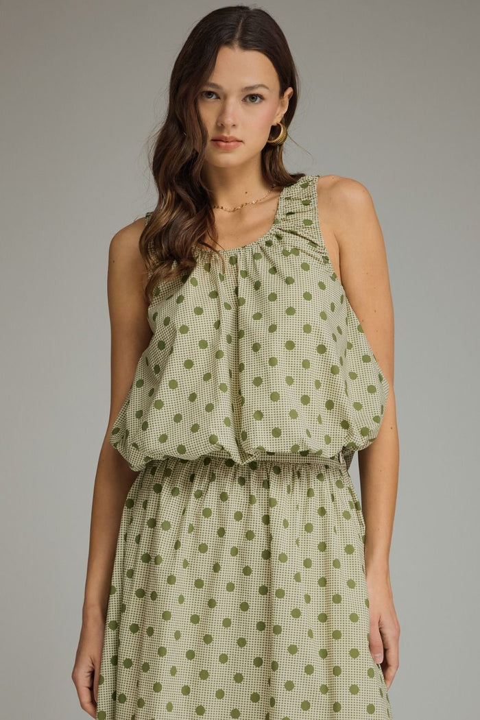 ENTRO Gingham Polka Dot Sleeveless Top In Olive
