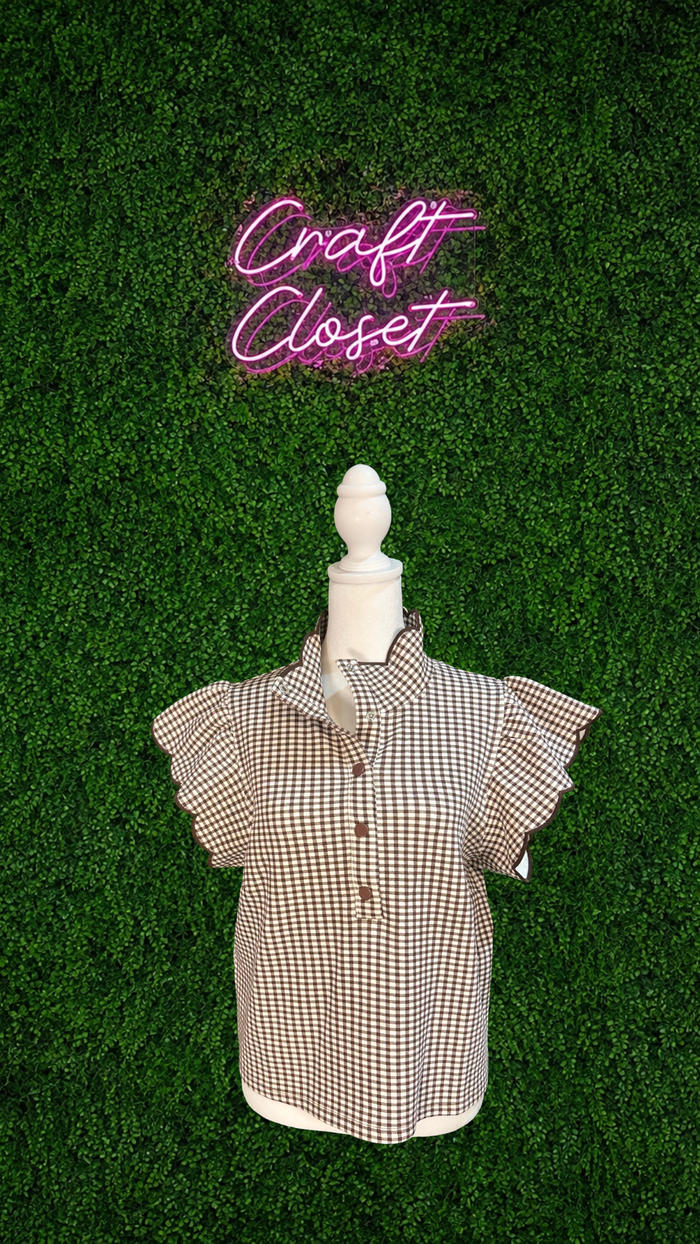 ENTRO Gingham Scalloped Sleeve In Brown