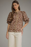 ENTRO Leopard Print Puff Sleeve Top In Ecru