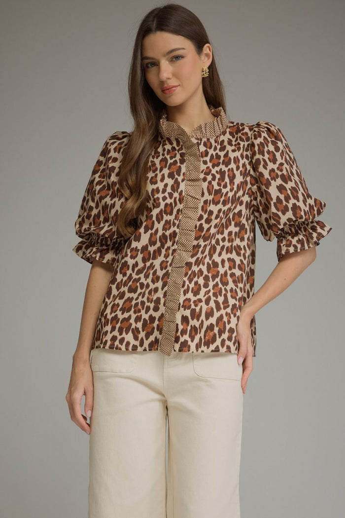 ENTRO Leopard Print Puff Sleeve Top In Ecru
