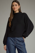 ENTRO Long Balloon Sleeve Knit Mock Neck Top In Black