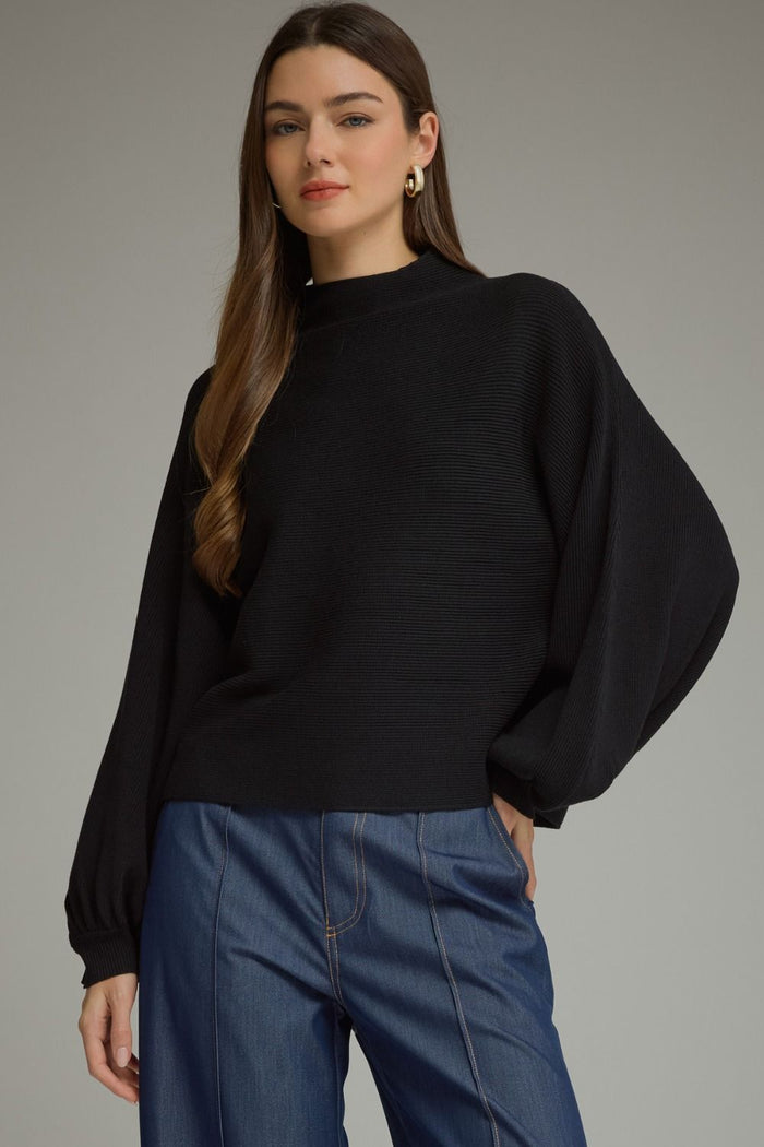 ENTRO Long Balloon Sleeve Knit Mock Neck Top In Black