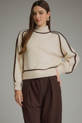 ENTRO Long Sleeve Sweater Top With Contrast Trim In Oatmeal