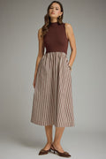 ENTRO Mock Neck Sleeveless Midi Dress With Stripes In Brown