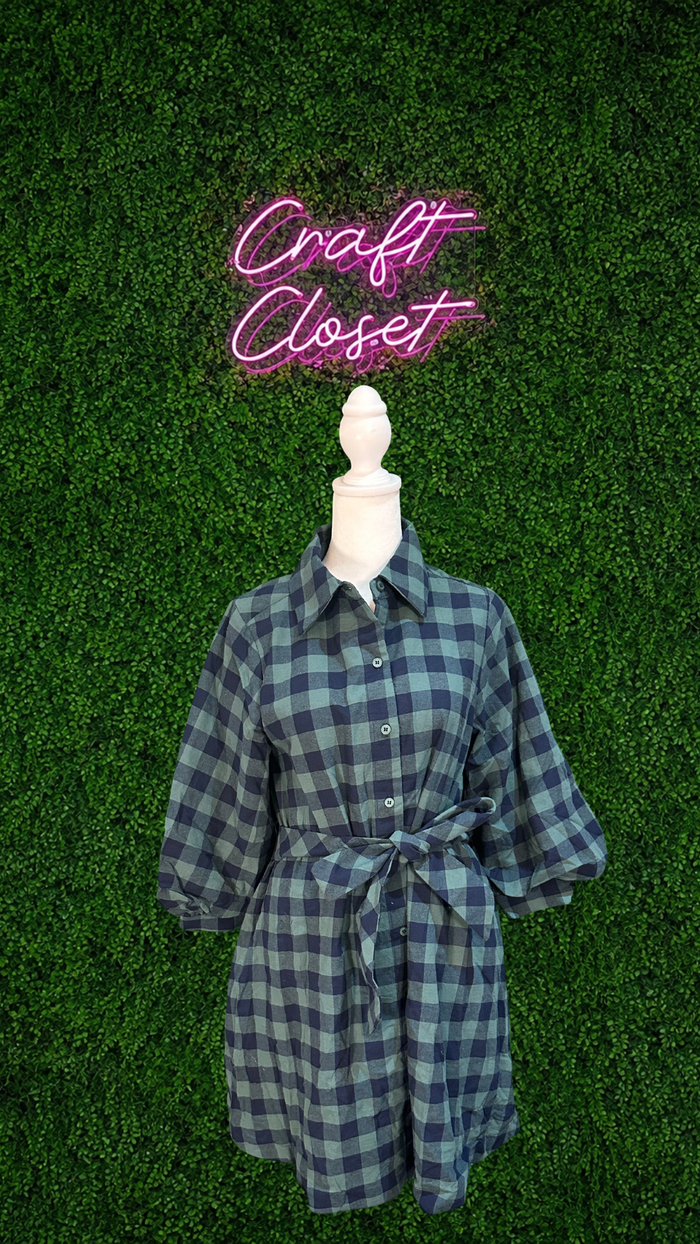 ENTRO Plaid 3/4 Sleeve Dress In Green