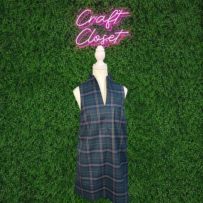 ENTRO Plaid Sleeveless Mini Dress With Slit Neck In Hunter Green