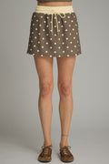 ENTRO Polka Dot Elastic Waist Mini Skirt In Mocha Gold