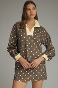 ENTRO Polka Dot Long Sleeve Top In Mocha Gold