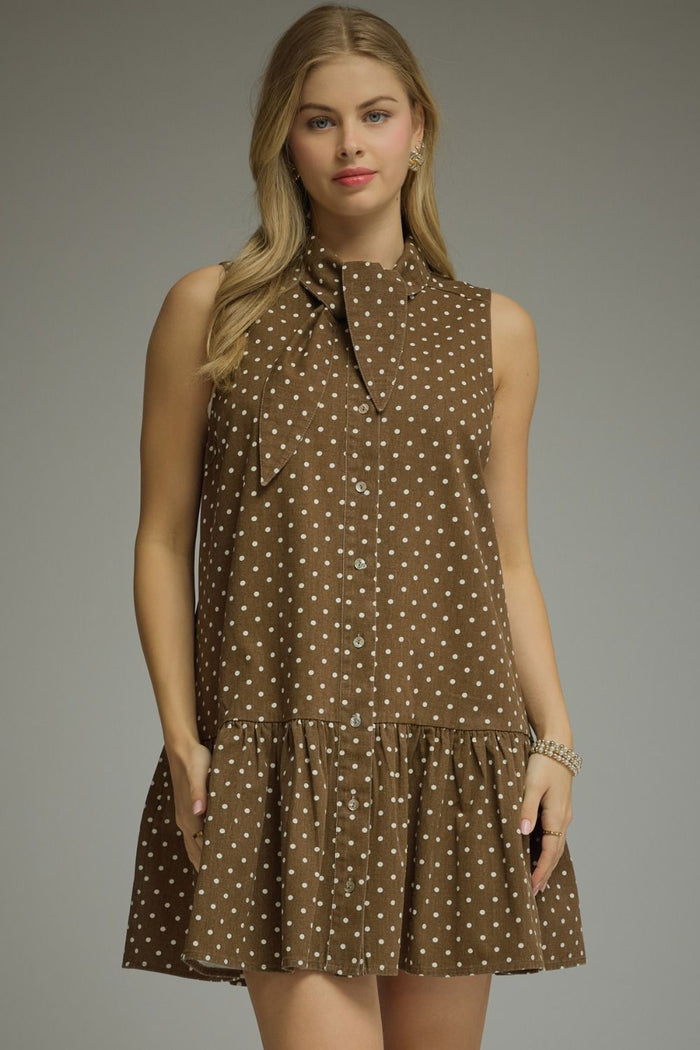 ENTRO Polka Dot Sleeveless Mini Dress In Brown