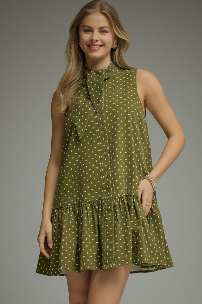 ENTRO Polka Dot Sleeveless Mini Dress In Olive
