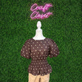 ENTRO Polka Dot Smocked Waist Peplum Top In Brown