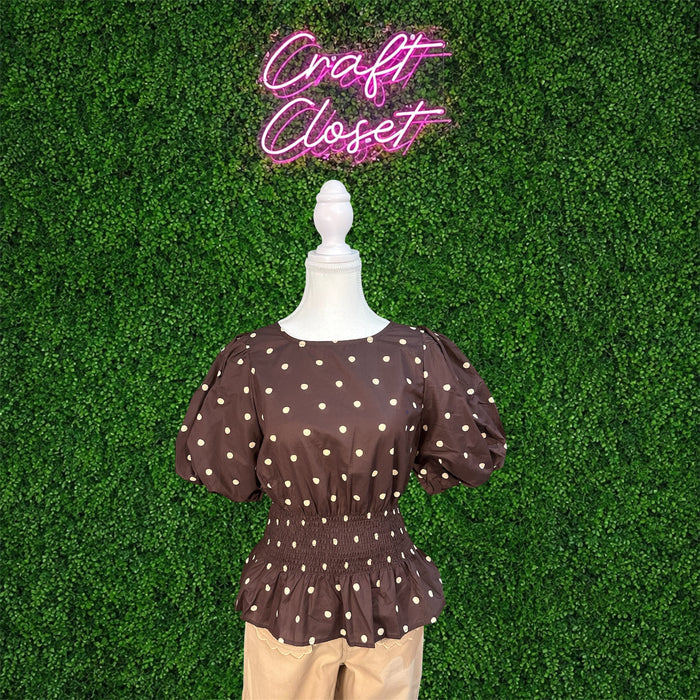 ENTRO Polka Dot Smocked Waist Peplum Top In Brown