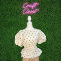 ENTRO Polka Dot Smocked Waist Peplum Top In Cream Brown