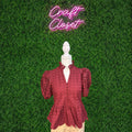 ENTRO Short Puff Sleeve Eyelet Top In Burgundy