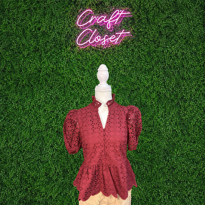 ENTRO Short Puff Sleeve Eyelet Top In Burgundy