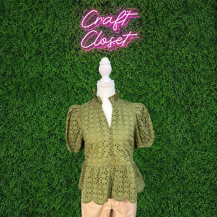 ENTRO Short Puff Sleeve Eyelet Top In Olive