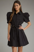 Entro Short Puff Sleeve Mini Dress With Tie Waist In Black