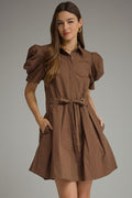 Entro Short Puff Sleeve Mini Dress With Tie Waist In Brown