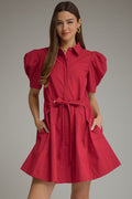 Entro Short Puff Sleeve Mini Dress With Tie Waist In Scarlet